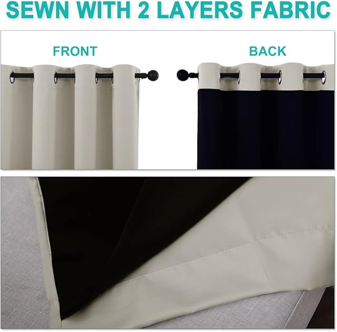 NICETOWN Extra Long Truly Blackout Drapes for Hall and Villa, 46-inch Width Each Panel, 45-inch Length, Natural, 2 Pieces, 100% Blackout Window Curtain Panels with Black Lined for Night Shift Worker