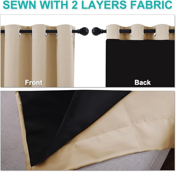 NICETOWN Bedroom Full Blackout Curtain Panels, Set of 2 Pcs, 37 by 40-inch, Biscotti Beige, Super Thick Insulated Grommet Drapes, Double-Layer Blackout Draperies with Black Liner for Small Window