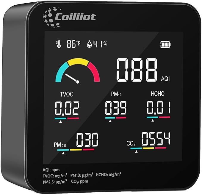 Air Quality Monitor Indoor – CO2 Detector, VOC Meter and AQI Tester Tracks TVOC by Coiliiot