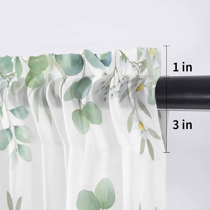 Eucalyptus Leaves Daisy Sheer Valance Curtains, Summer Farmhouses Flower Light - Image 7