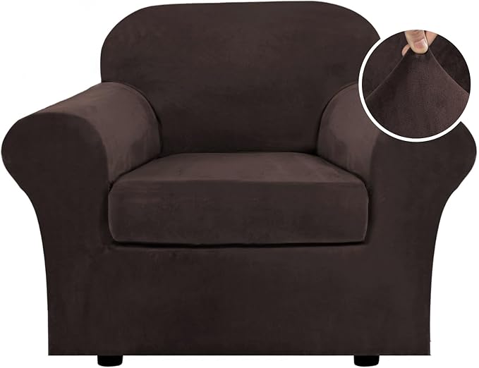 H.VERSAILTEX Rich Velvet Stretch 2 Piece Cover Chair Slipcover Sofa Cover Furniture Protector Couch Soft with Elastic Bottom Chair Couch Cover with Arms Width Up to 49 Inch(Chair,Brown)