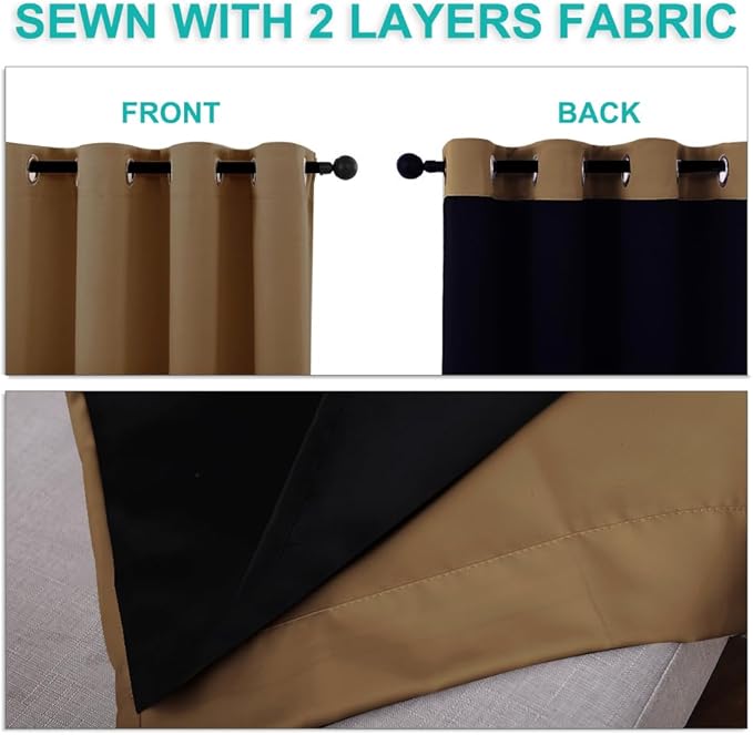NICETOWN 100% Blackout Lined Curtains, Gold Brown, 1 Pair, 42" Width x 63" Length Each Panel, 2 Thick Layers Completely Blackout Window Treatment Panels Thermal Insulated Drapes for Kitchen