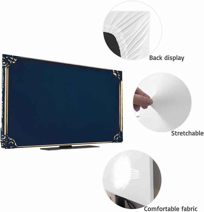 Navy Blue Retro Floral Border Indoor TV Cover, Elastic TV Screen Protector - Image 7