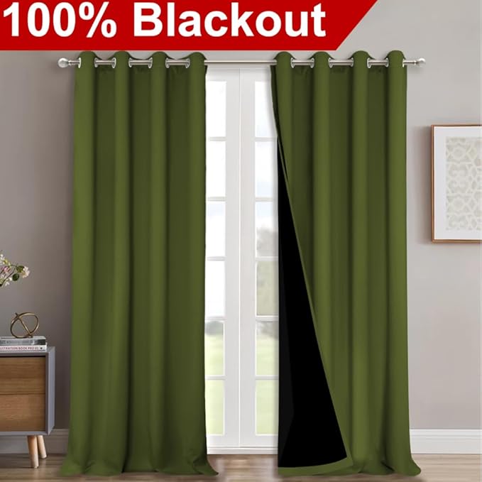 NICETOWN 100% Blackout Curtains for Windows, Pack of 2, Olive Green, 52" W x 102" L, Super Heavy-Duty Black Lined Total Darkness Drapes for Bedroom, Privacy Assured Window Treatment for Patio