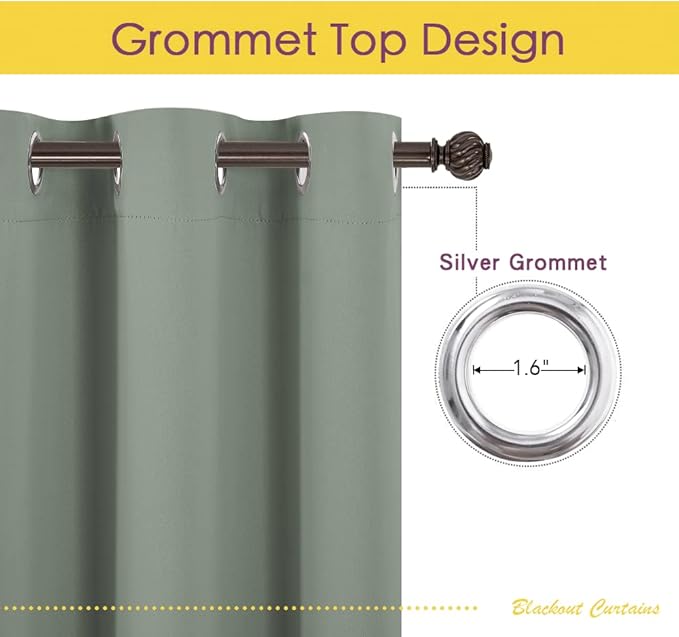 NICETOWN Thermal Insulated Greyish Green Curtains Blackout Draperies, Window Treatment Solid Grommet Room Darkening Drape Panels for Bedroom (Set of 2, 70 by 54 inches Long)