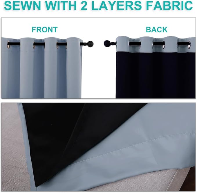 NICETOWN 100% Blackout Lined Curtains, Vintage Blue, 1 Pair, 70" Width x 63" Length Each Panel, 2 Thick Layers Completely Blackout Window Treatment Thermal Insulated Drapes for Kitchen/Bedroom