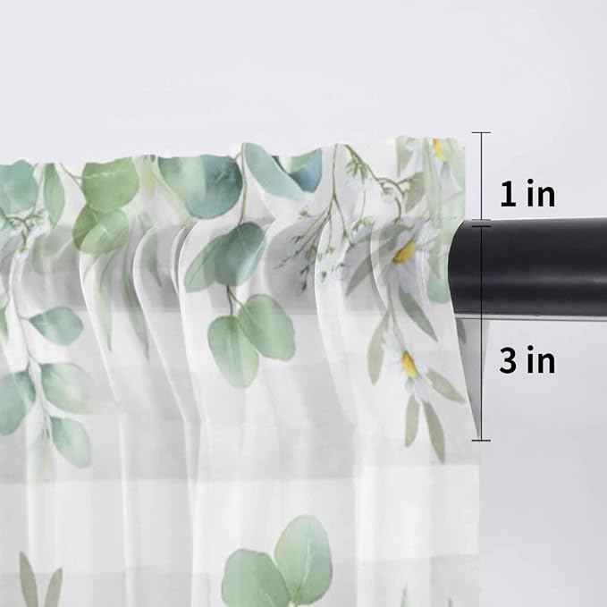 Eucalyptus Leaves Daisy Sheer Valance Curtains, Summer Farmhouses Gray Plaid - Image 7