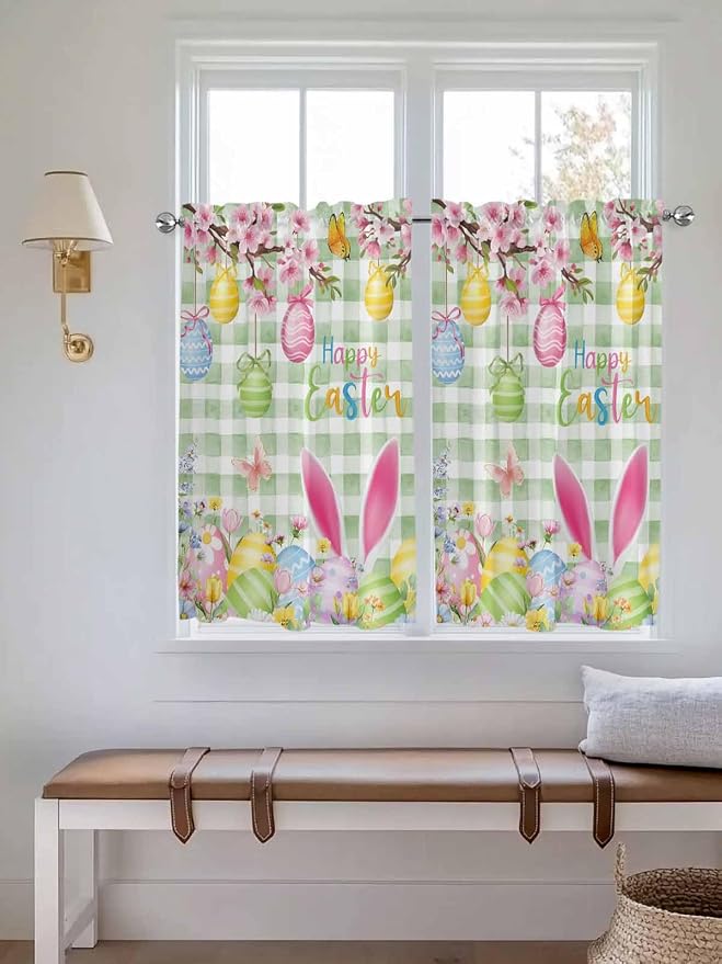 Happy Easter Tier Curtains 45 Inches Long, Spring Bunny Eggs Flower Sage Green - Image 4