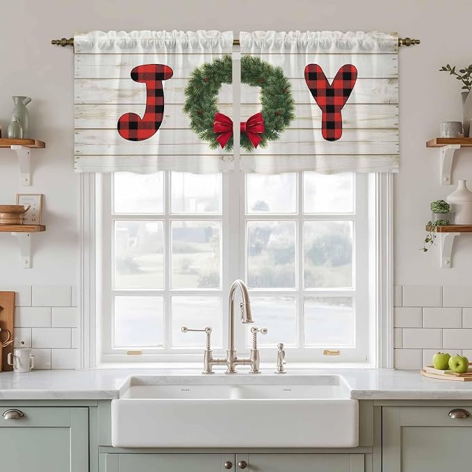 Christmas Wreaths Kitchen Tier Curtains 36 Inch Long 2 Panel Set, Rod Pocket by Unknown