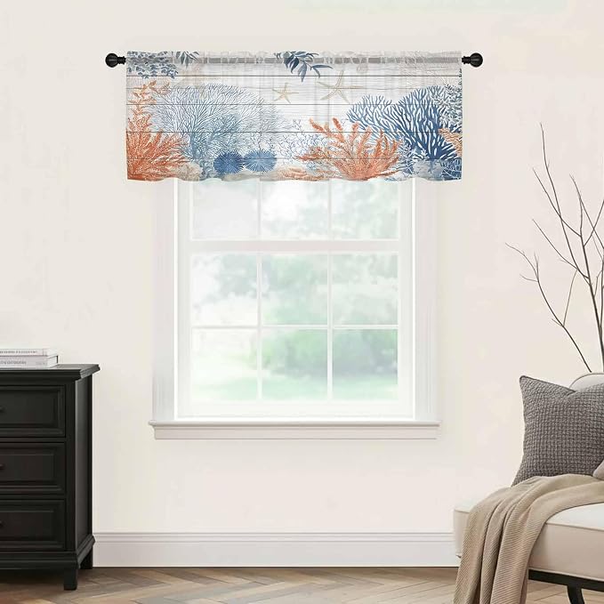 Ocean Corals Sheer Valance Curtains, Summer Beach Coral Sea Stars Wood Grain - Image 5