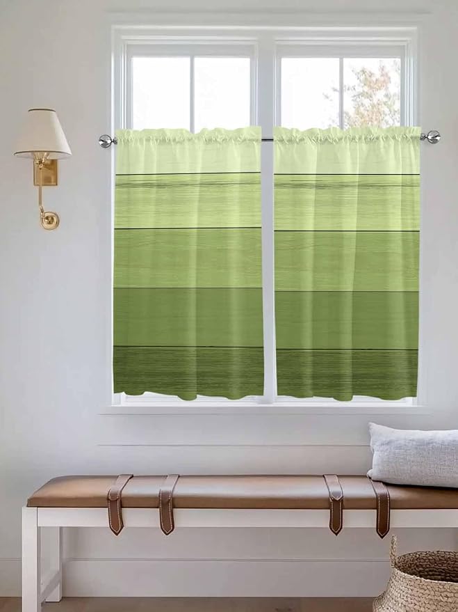 Gradient Green Wooden Board Window Valance Curtains, Retro Country Wood Grain - Image 3