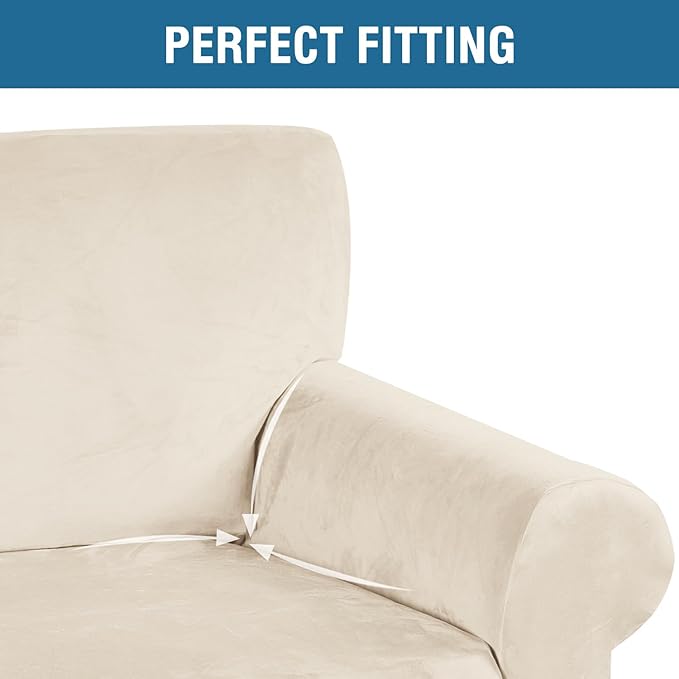 H.VERSAILTEX Stretch Velvet Loveseat Covers for 2 Cushion Couch Covers for Living Room Sofa Covers with Non Slip Straps Bottom, Ultra Thick Comfy Velour (Width 58"-72", Cream)