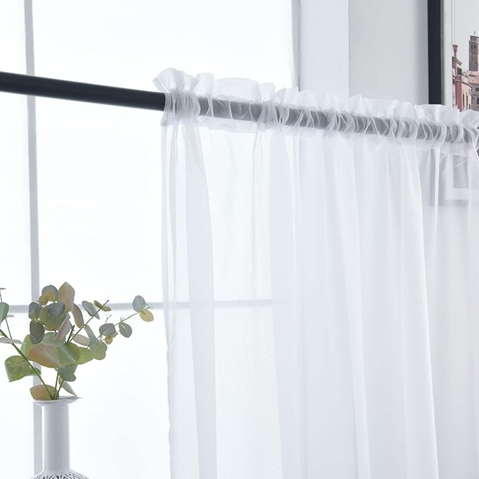 SpaceDresser Sheer White Vanlance for Windows 2 Panels, Small Kitchen Curtain for Bathroom Living Room Bedroom Cafe Rod Pocket Voile Drapes(White, 52W x 18L)