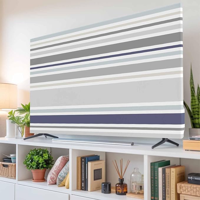 Minimalist Stripes Gray Blue Beige Indoor TV Cover, Elastic TV Screen Protector - Image 6
