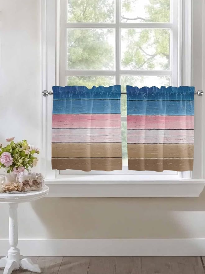 Blue Pink Brown Gradient Wood Grain Window Valance Curtains, Vintage Wood Board - Image 5