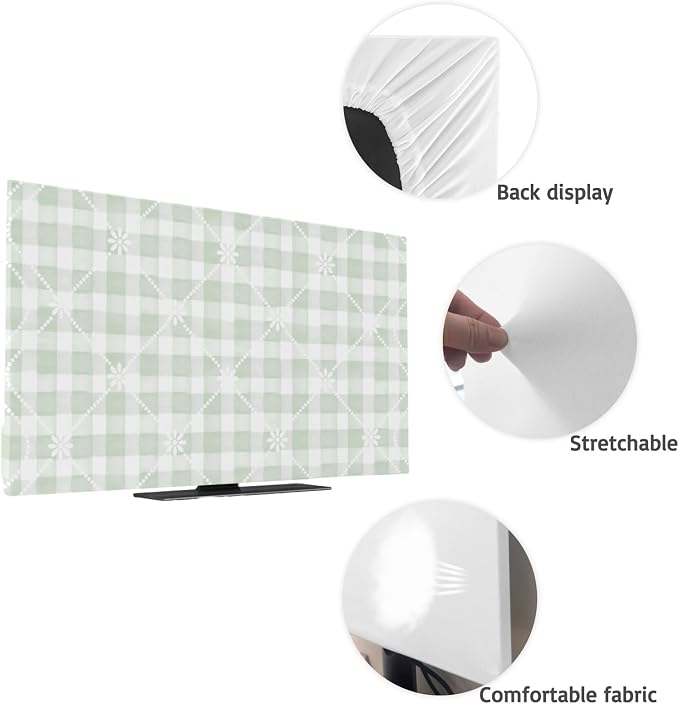 Sage Green Plaid White Lattice Flower Indoor TV Cover, Elastic TV Screen - Image 7