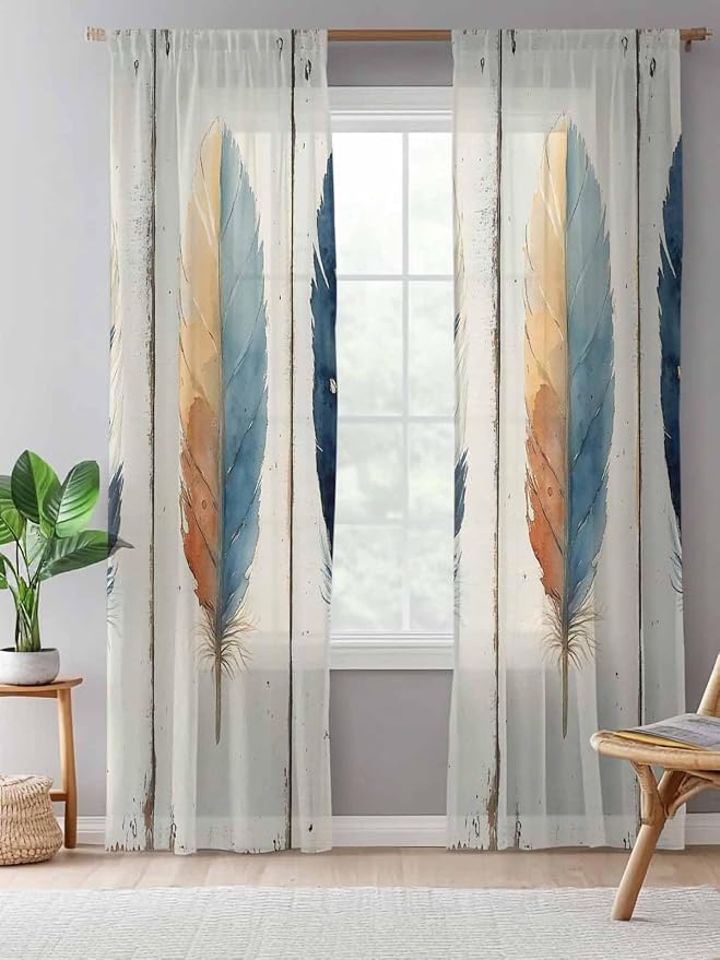 Sheer Curtains 96 Inches Long, Boho Ombre Vintage Wooden Grain Privacy Voile - Image 5