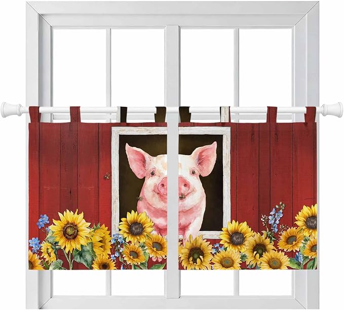 Pigs Sunflowers Kitchen Curtains 24 Inch Length, Small Window Curtains Tab Top by Unknown