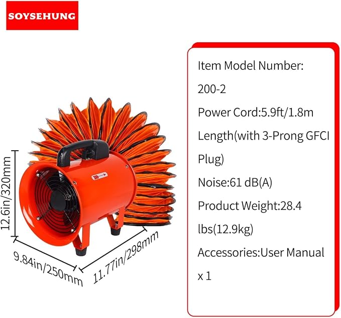 8 In Portable Exhaust Fan with Hose, 1070 CFM Industrial Fan | 230W Portable - Image 7