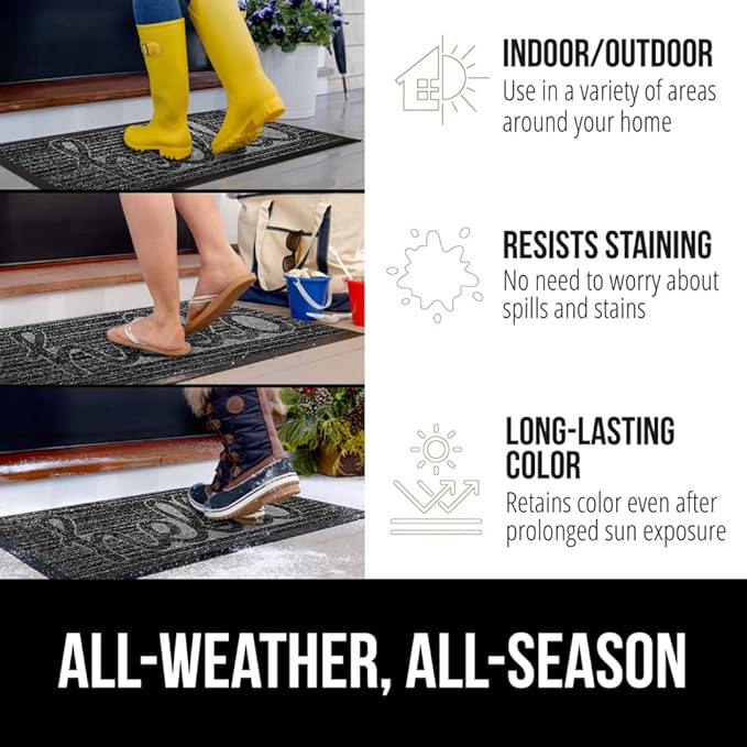 GORILLA GRIP 100% Waterproof All-Season WeatherMAX Doormat, US Designed Natural Rubber, Stain and Fade Resistant, Low Profile Indoor Outdoor Door Mats, Easy Clean Patio Mat, 29x17, Charcoal Hello
