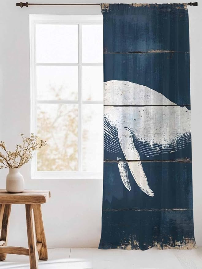Sheer Curtains 108 Inches Long, Ocean Whale Blue Semi Sheer Curtains Light - Image 3