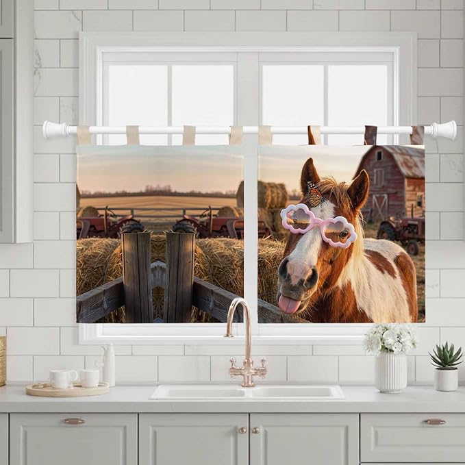 Farm Horses Kitchen Curtains 24 Inch Length, Small Window Curtains Tab Top - Image 3