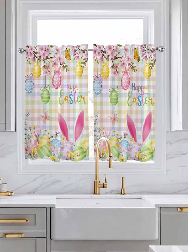 Happy Easter Kitchen Curtains 54 Inches Length, Spring Bunny Colorful Eggs - Image 3