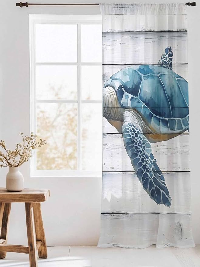 Sheer Curtains 84 Inches Long, Sea Turtle Blue Semi Sheer Curtains Light - Image 3