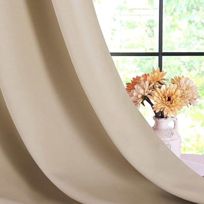 NICETOWN Blackout Farmhouse Curtains, Biscotti Beige, Set of 2, 34 by 80 Inch, Thermal Insulated Solid Grommet Vertical Drapes Room Darkening Window Treatments for Bedroom