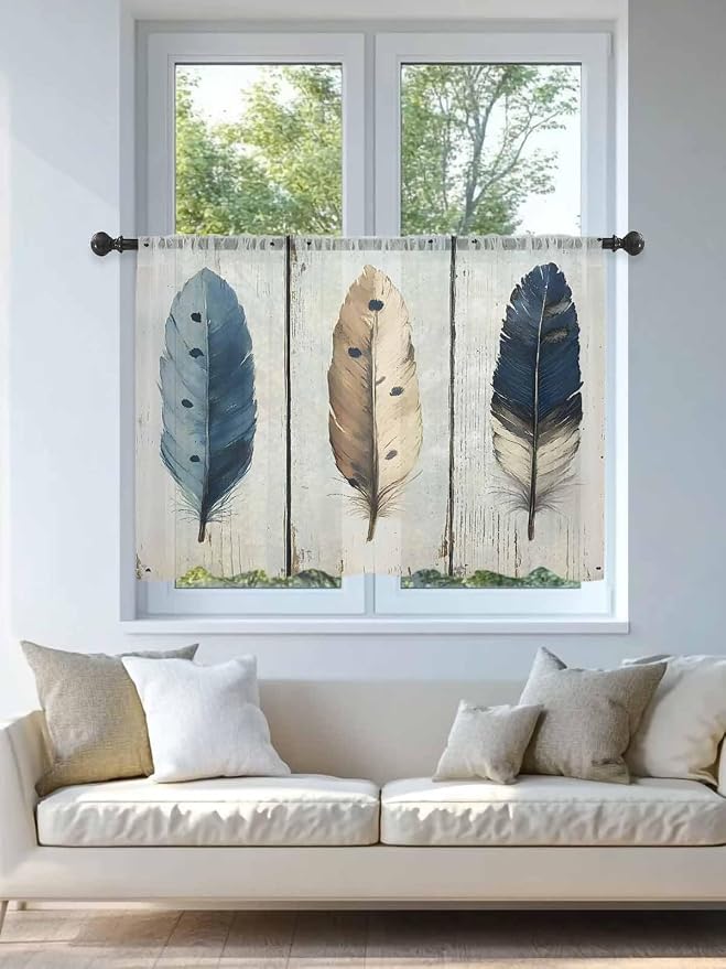 Sheer Curtains 45 Inch Length, Farmhouse Feather Semi Sheer Curtains Light - Image 4