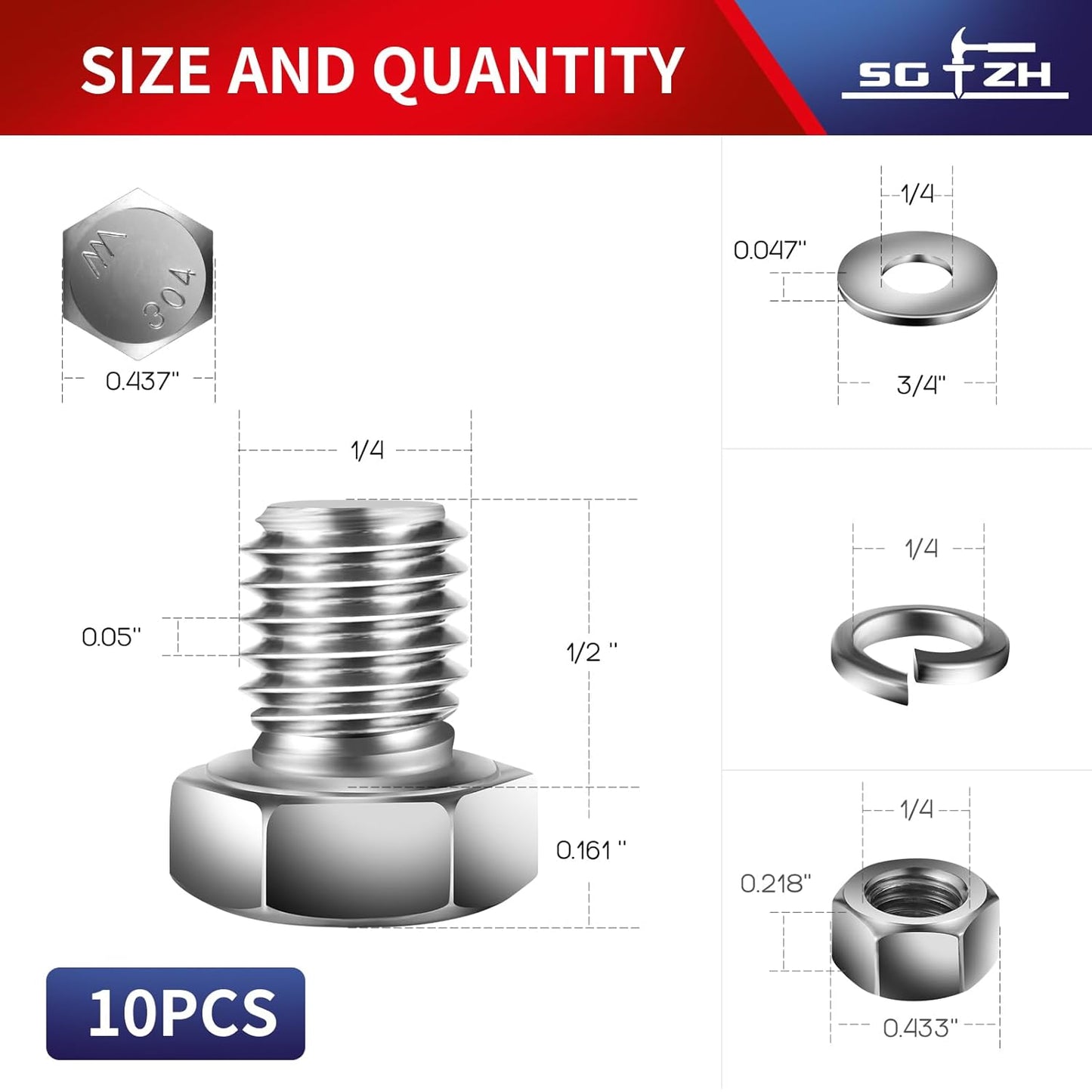 1/4-20 x 1/2" Hex Head Screw Bolt, Nuts, Flat & Lock Washers, 10Pcs 18-8 (304) Stainless Steel, Fully Threaded, by SG TZH