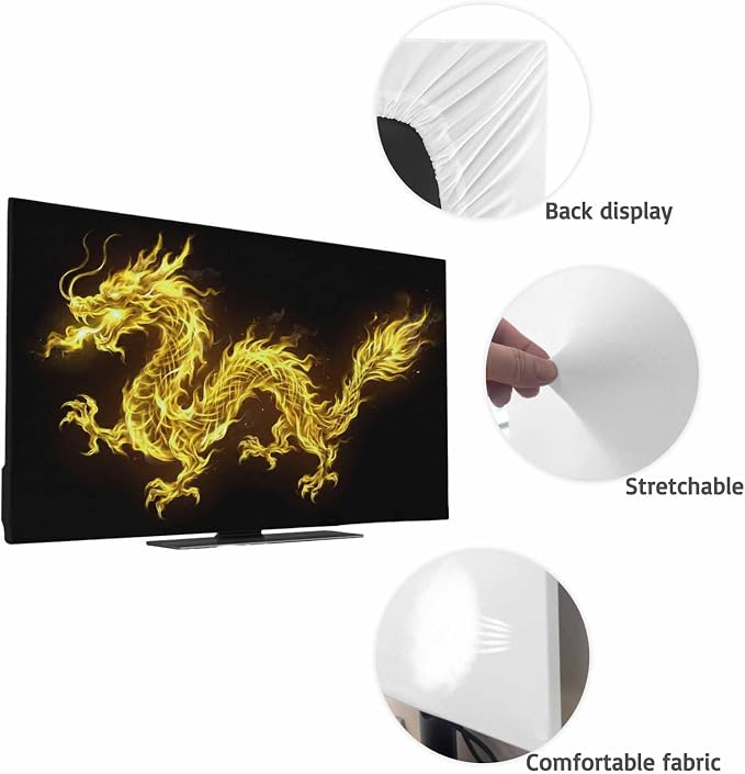 Watercolor Yellow Flames Dragons on Black Indoor TV Cover, Elastic TV Screen - Image 7