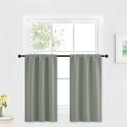 RYB HOME Kitchen Blackout Curtains Over Sink 36 inch Length, Rod Pocket Summer Light UV Blocking Energy Efficient, Cabinet Shelf Cupboard Coverings, Width 29 by Length 36, Greyish Green, 2 Panels