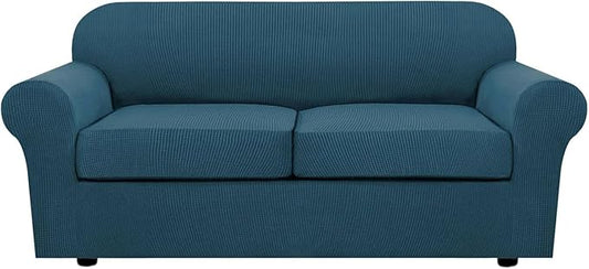 H.VERSAILTEX 3 Piece Stretch Sofa Covers for 2 Cushion Sofa Couch Covers for Living Room Sofa Slipcovers (Base Cover Plus 2 Seat Cushion Covers) Thicker Jacquard Fabric(Large Sofa, Deep Teal)