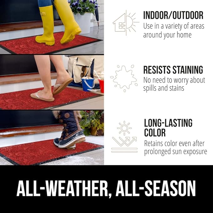 GORILLA GRIP 100% Waterproof All-Season WeatherMAX Doormat US Designed Natural Rubber, Stain and Fade Resistant, Low Profile Indoor Outdoor Door Mats, Easy Clean Patio Mat, 29x17, Red Vintage Wine