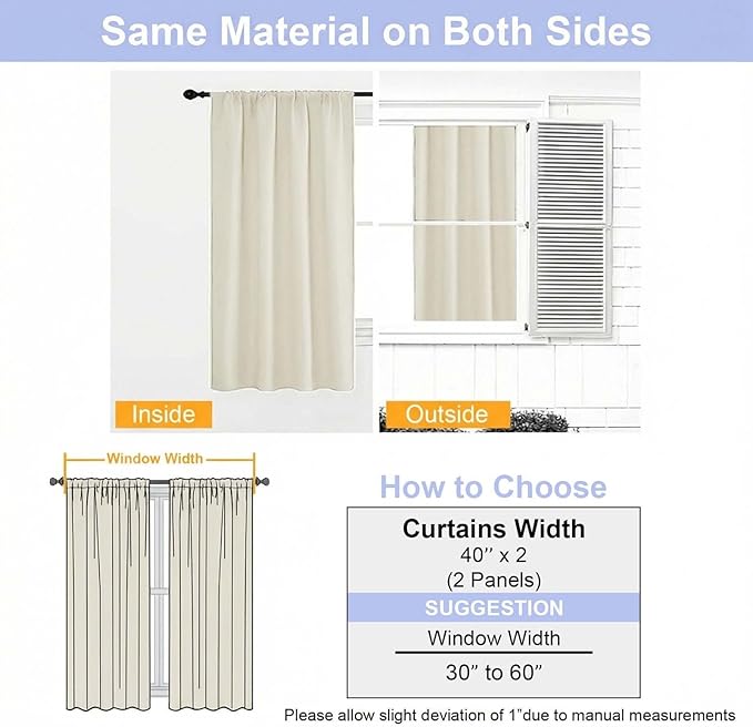 Simplebrand Ava Ivory Short Light Filtering Curtains for Bedroom 45 Inches Long 2 Panels Set, Solid Thermal Insulated, Energy Saving Window Treatment Curtains Light Filtering Drapes, W40 x L45 Inch