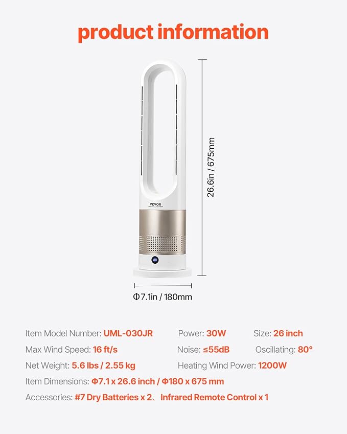 VEVOR Tower Fan Bladeless, 16 ft/s Velocity Quiet Floor Fan - Image 7