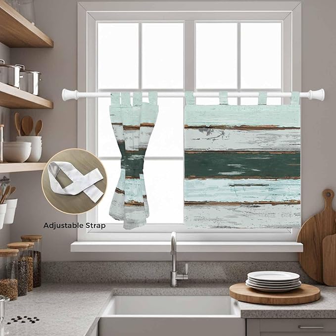 Blue Teal Kitchen Curtains 24 Inch Length, Small Window Curtains Tab Top - Image 5