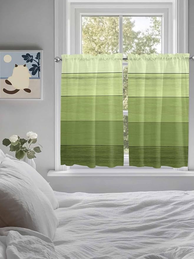 Gradient Green Wooden Board Window Valance Curtains, Retro Country Wood Grain - Image 4