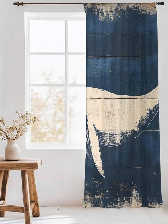 Sheer Curtains 96 Inches Long, Ocean Whale Blue Semi Sheer Curtains Light - Image 3