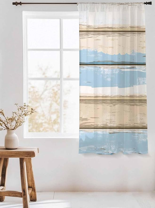 Sheer Curtains 72 Inches Long, Vintage Geometric Blue Semi Sheer Curtains Light - Image 3