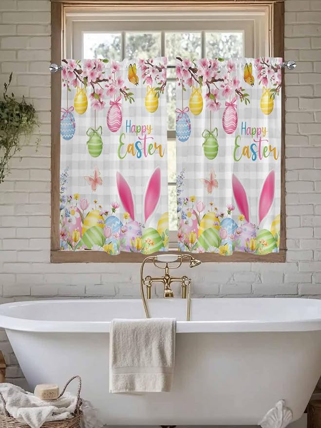 Happy Easter Kitchen Curtains 45 Inches length, Spring Watercolor Bunny Eggs - Image 7