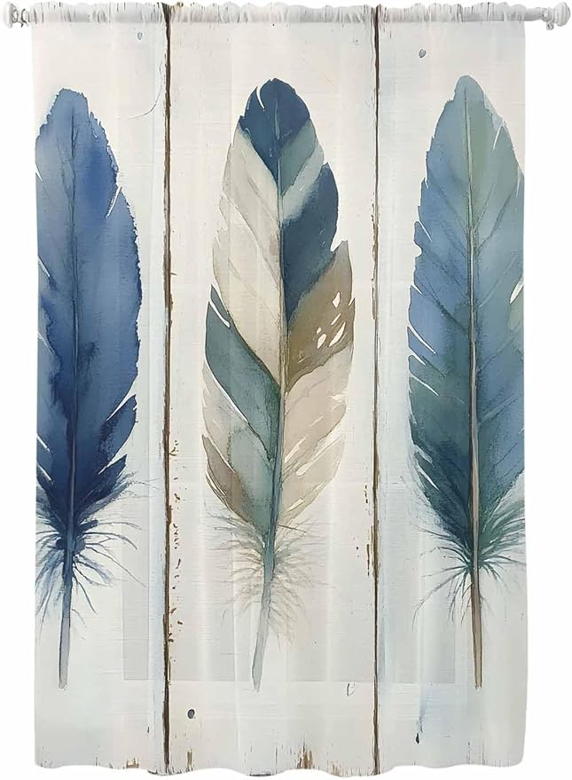 Sheer Curtains 72 Inches Long, Boho Blue Feathers Semi Sheer Curtains Light by Unknown