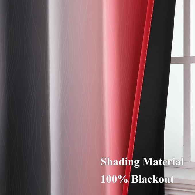 Estelar Textiler Ombre Red and Black Curtains 54 Inch Length 2 Panels, 100% Blackout Curtains for Living Room, Grommet Thermal Insulated Drapes, Full Light Blocking Curtains for Bedroom, 52x54 Inch