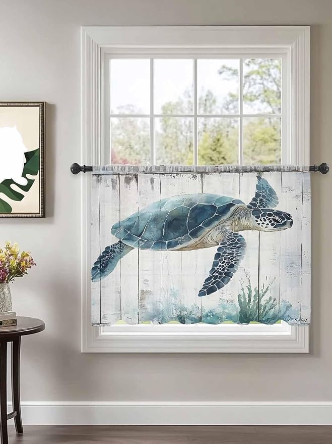 Sheer Curtains 54 Inch Length, Sea Turtle Teal Blue Semi Sheer Curtains Light - Image 2