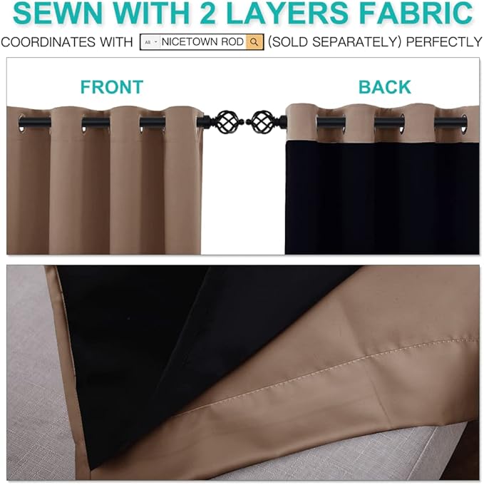 NICETOWN Extra Long Truly Blackout Drapes for Hall and Villa, Blackout Window Curtain Panels with Black Lined for Night Shift Worker, 52-inch Width, 108-inch Length, Cappuccino, 2 PCs
