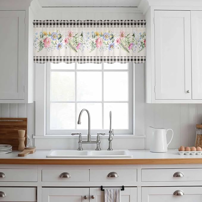 Blue Pink Floral Sheer Valance Curtains, Spring Summer Botanical Linen Black - Image 2