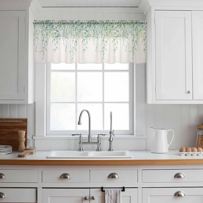 Green Leaf Sheer Valance Curtains, Eucalyptus Leaves Vintage Linen Texture - Image 2