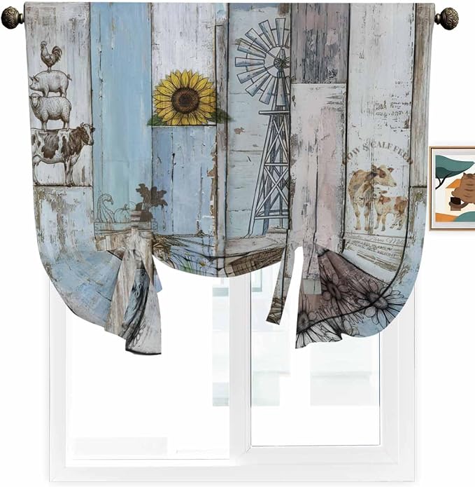 Tie Up Curtains for Windows, Farmhouse Barn Sunflowers Retro Tie Up Blackout - Image 2