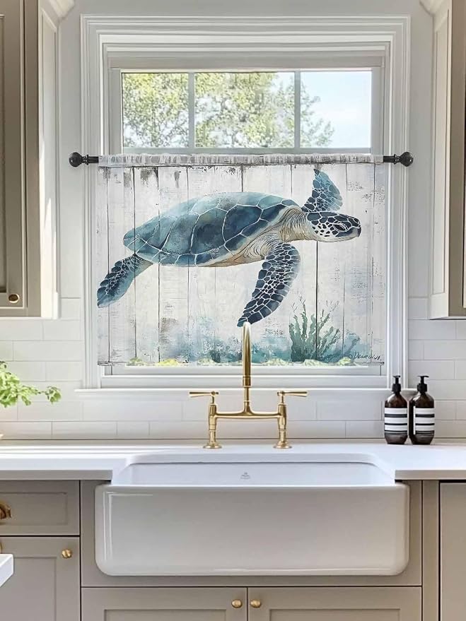 Sheer Curtains 54 Inch Length, Sea Turtle Teal Blue Semi Sheer Curtains Light - Image 3